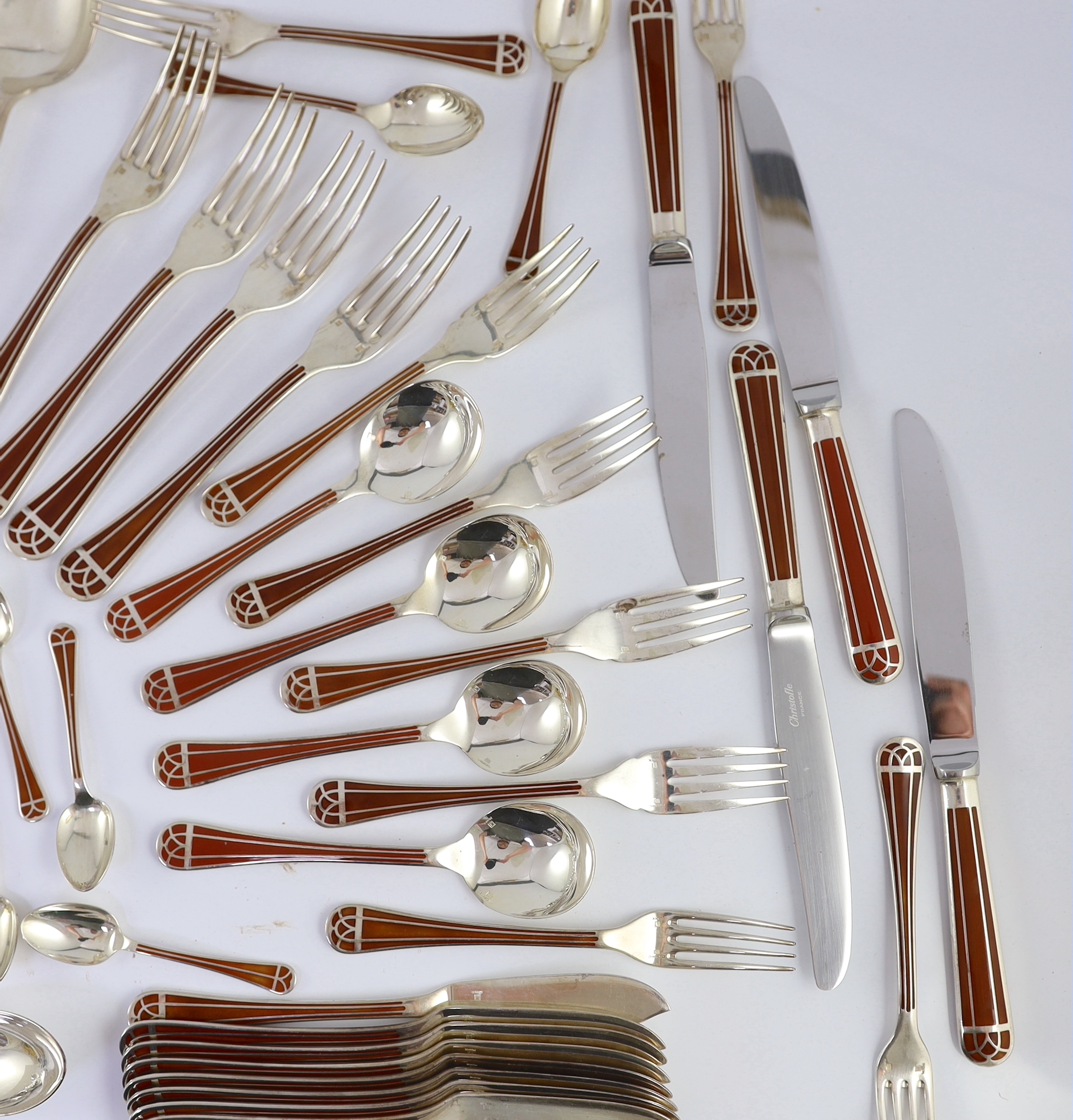 An almost complete canteen of modern Christofle silver plated and Chinese brown lacquer Talisman pattern cutlery for eight, designed by Bernard Yot